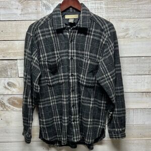 Naturalife Shirt Mens Large Gray Plaid Wool Flannel Pockets Long Sleeve Collared